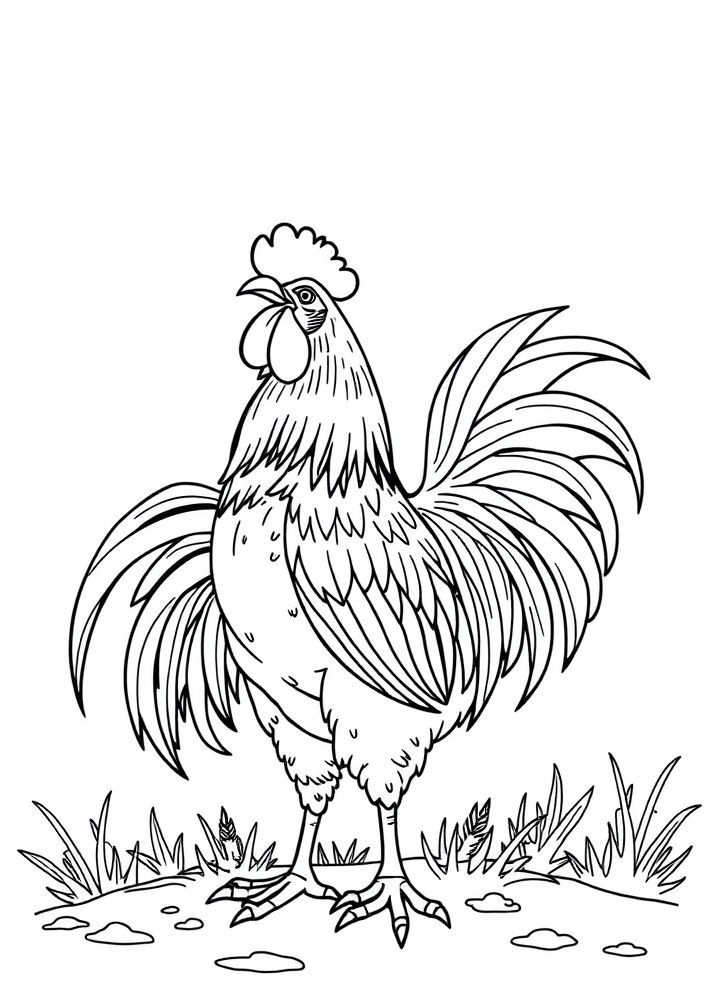Desenho de Galo Cantando na Manhã para Colorir
