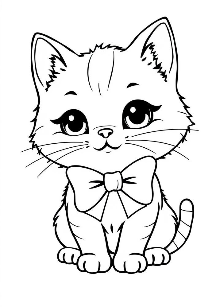Desenho de Gatinho Kawaii com um laço para colorir