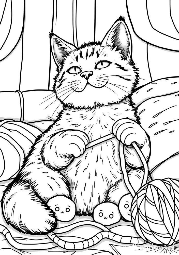 Desenho de Gato Brincando com Lã para colorir