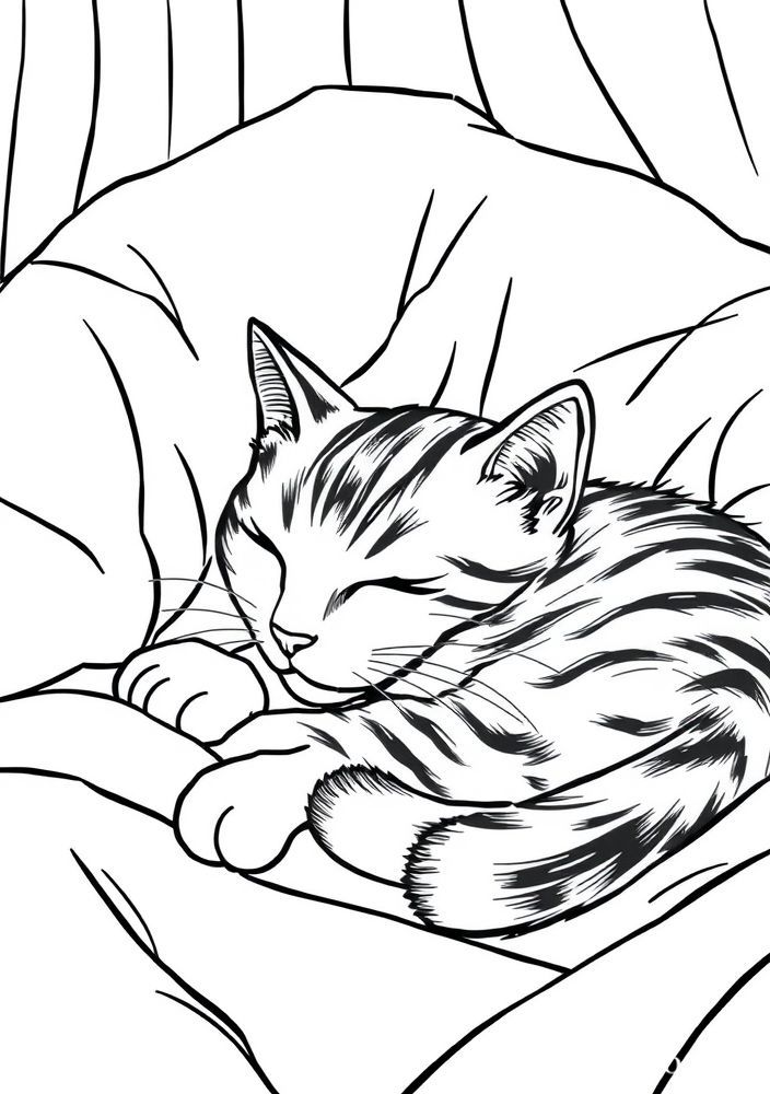 Desenho de Gato Dormindo em uma Cama para colorir