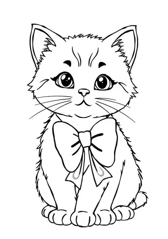 Desenho de Gato Fofo com Laço para colorir