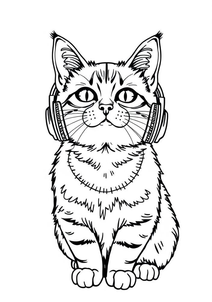Desenho de Gato com Fones de Ouvido para colorir