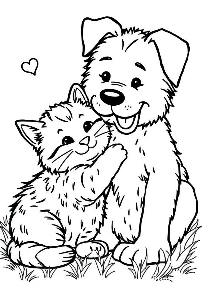 Desenho de Gato e Cachorro Amigos para colorir