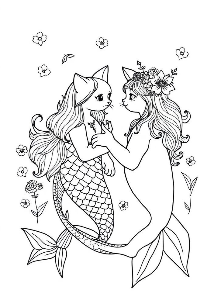 Desenho de Gato e Sereia para colorir