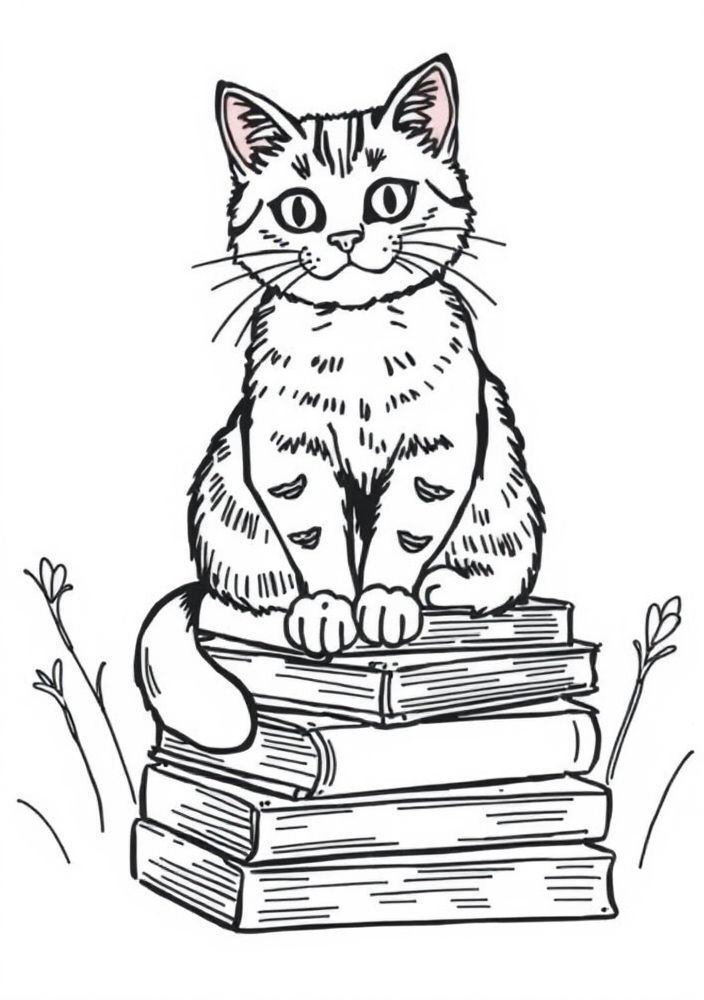 Desenho de Gato em Cima de Livros para colorir