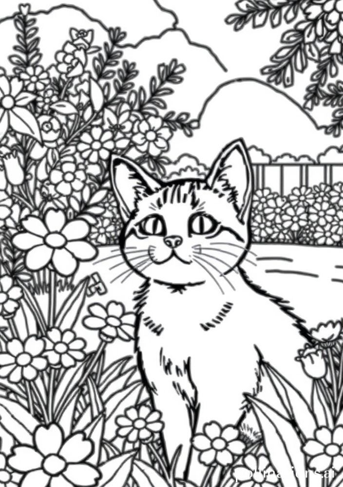 Desenho de Gato no Jardim com Flores para colorir