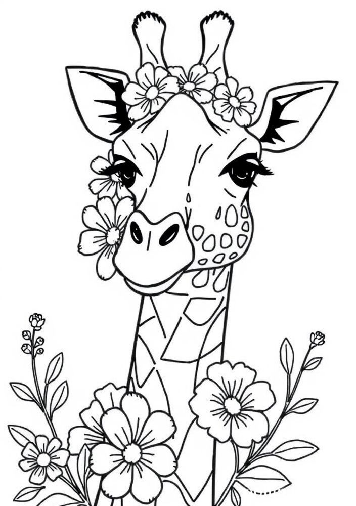 Desenho de Girafa com Flores para colorir
