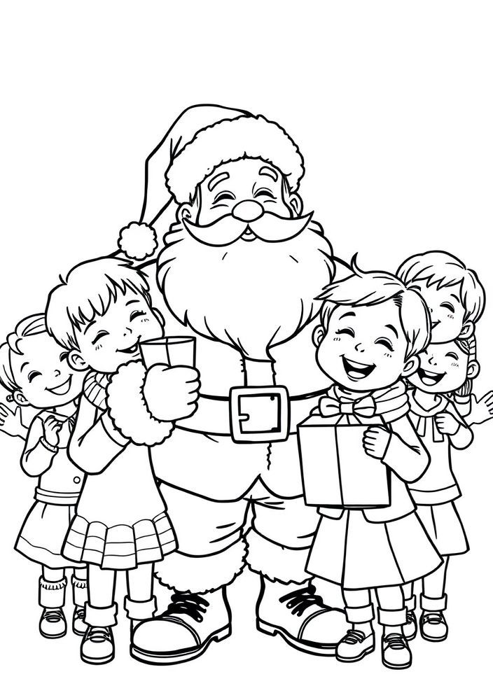 Desenho de Glúteo Papai Noel com crianças para colorir