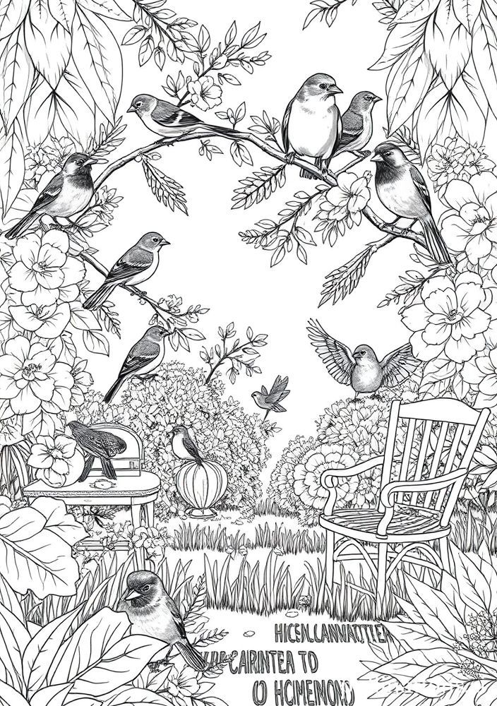 Desenho de Jardim com Passarinhos para colorir
