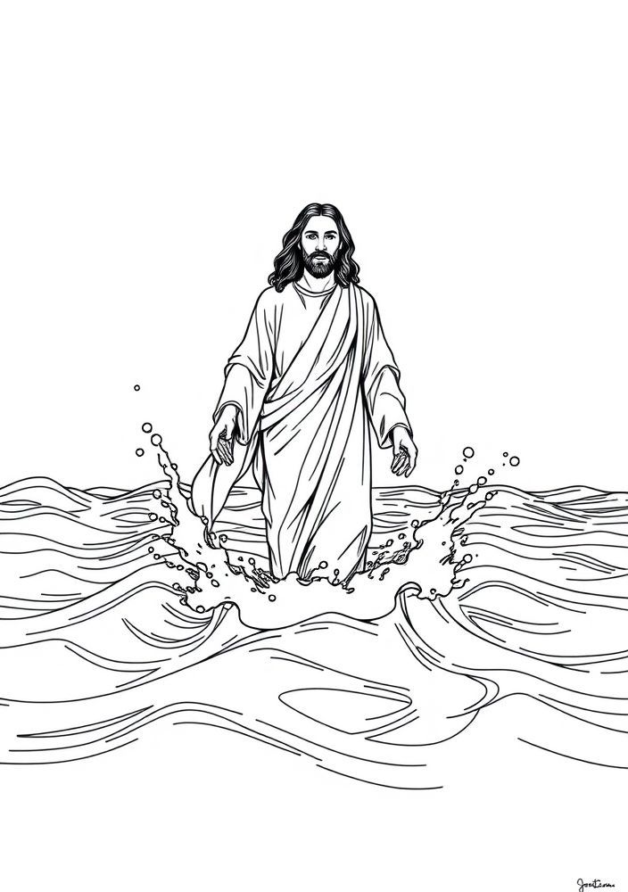 Desenho de Jesus caminhando sobre as águas para colorir