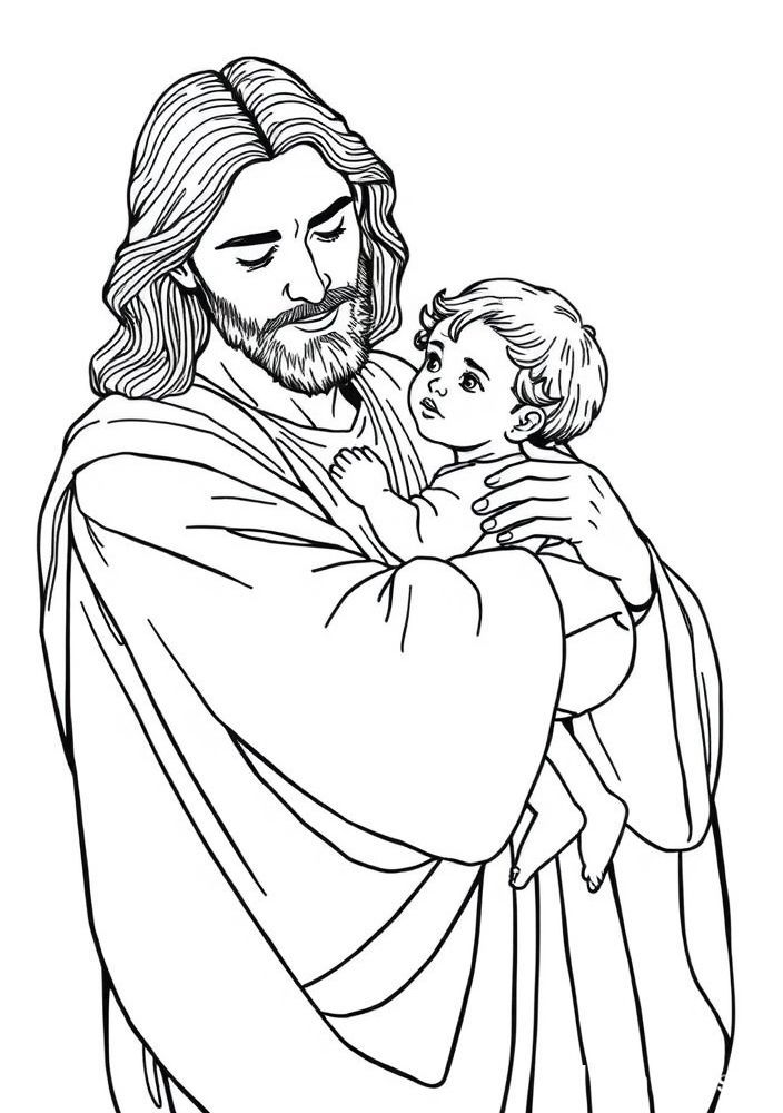 Desenho de Jesus com uma criança em braços para colorir
