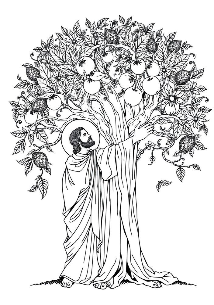 Desenho de Jesus e a árvore da vida para colorir