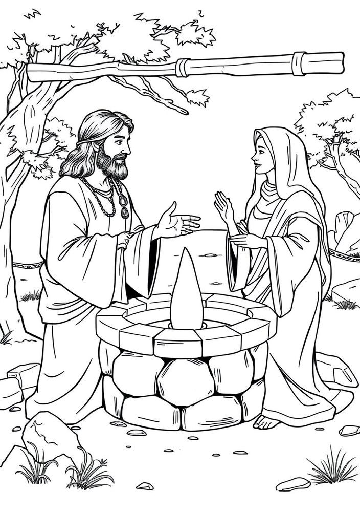 Desenho de Jesus e a mulher samaritana no poço para colorir