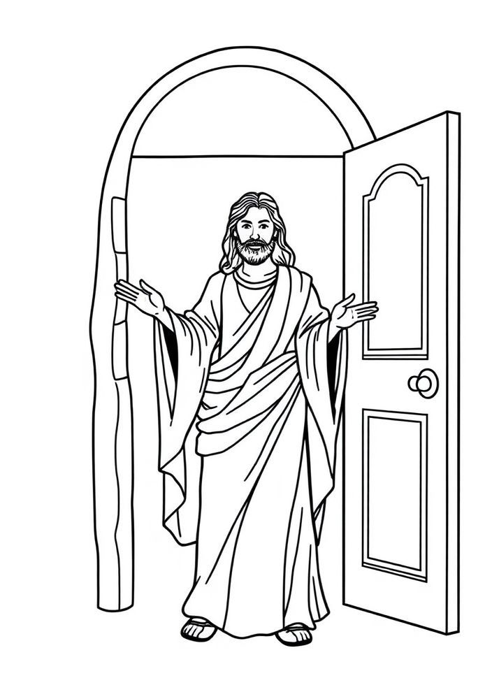 Desenho de Jesus e a porta aberta para colorir
