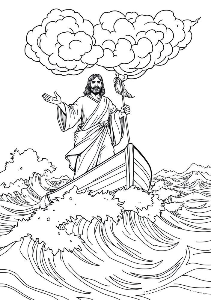 Desenho de Jesus e a tempestade acalmada para colorir