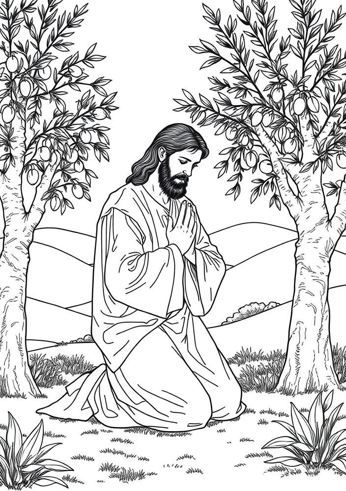 Desenho de Jesus em oração no Monte das Oliveiras para colorir