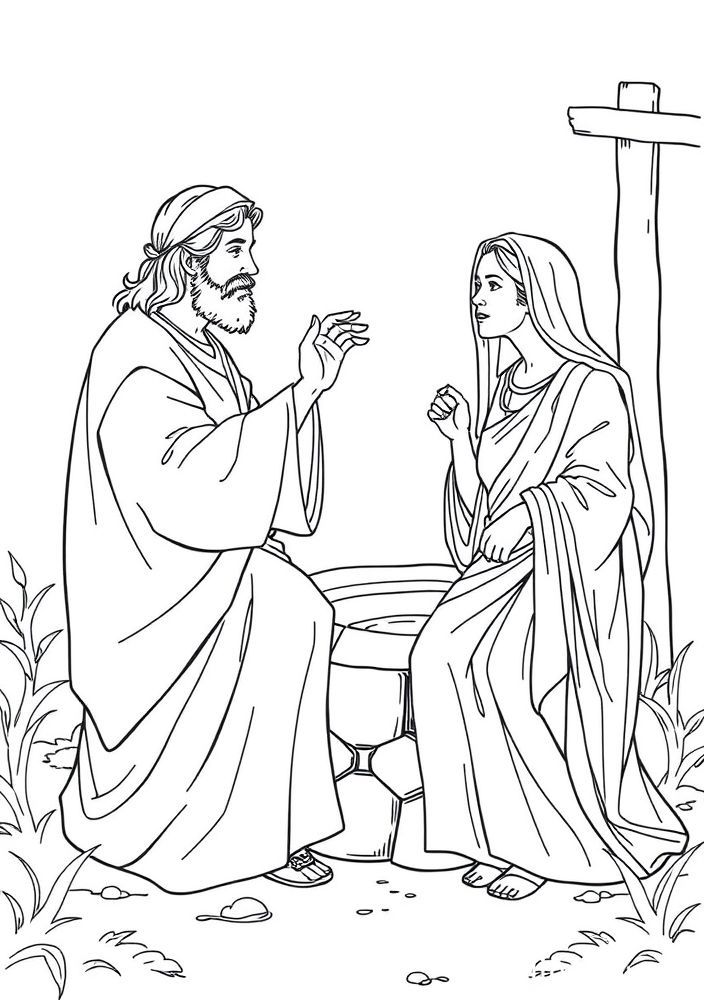 Desenho de Jesus falando com a Mulher Samaritana para colorir