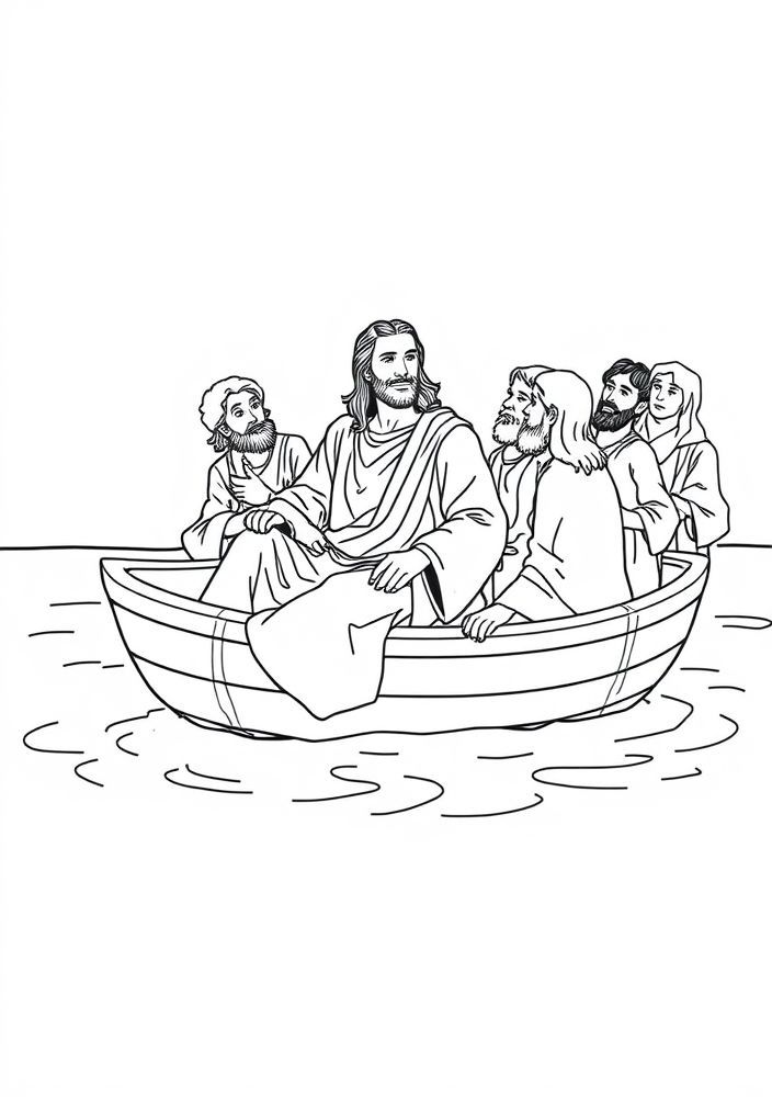Desenho de Jesus no barco com os discípulos para colorir