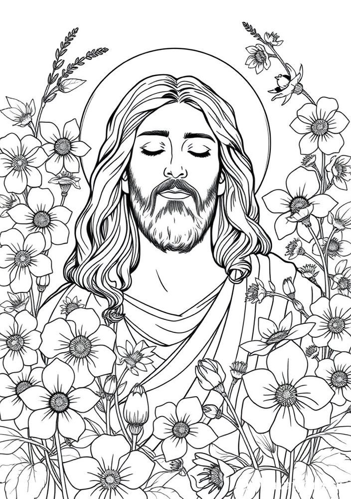 Desenho de Jesus rodeado por flores para colorir