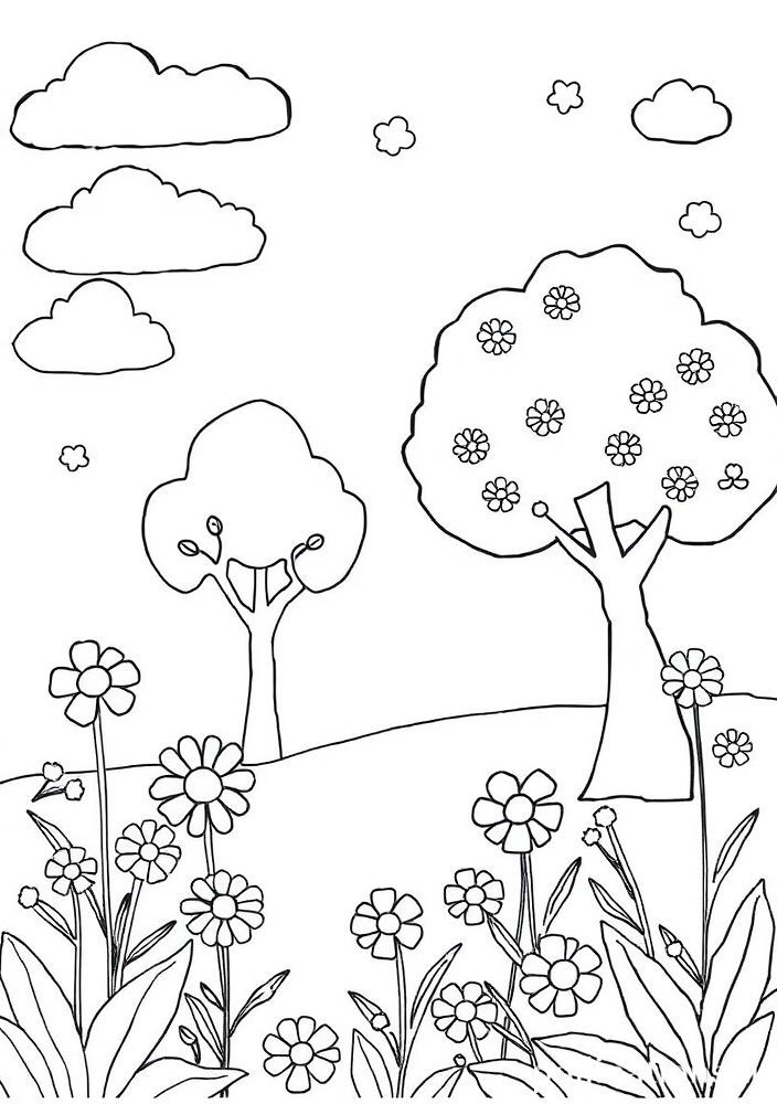 Desenho de Jogo das Cores com Flores e Árvores para Colorir