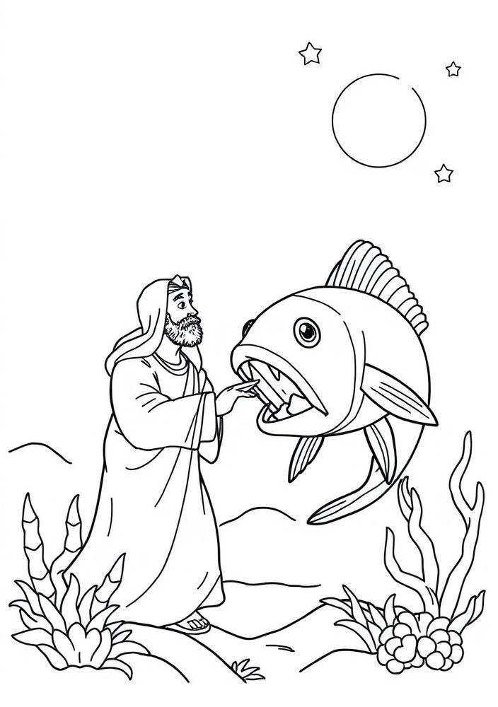 Desenho de Jonas e o Grande Peixe para colorir
