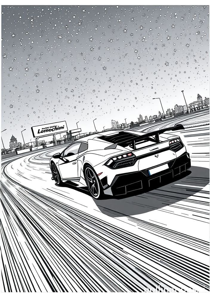 Desenho de Lamborghini em uma corrida noturna para colorir