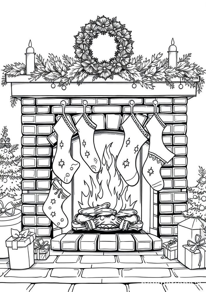 Desenho de Lareira Decorada para Colorir