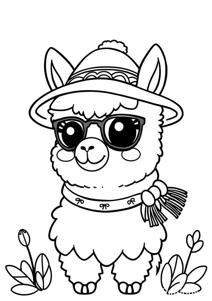 Desenho de Lhama Kawaii com Chapeuzinho para colorir