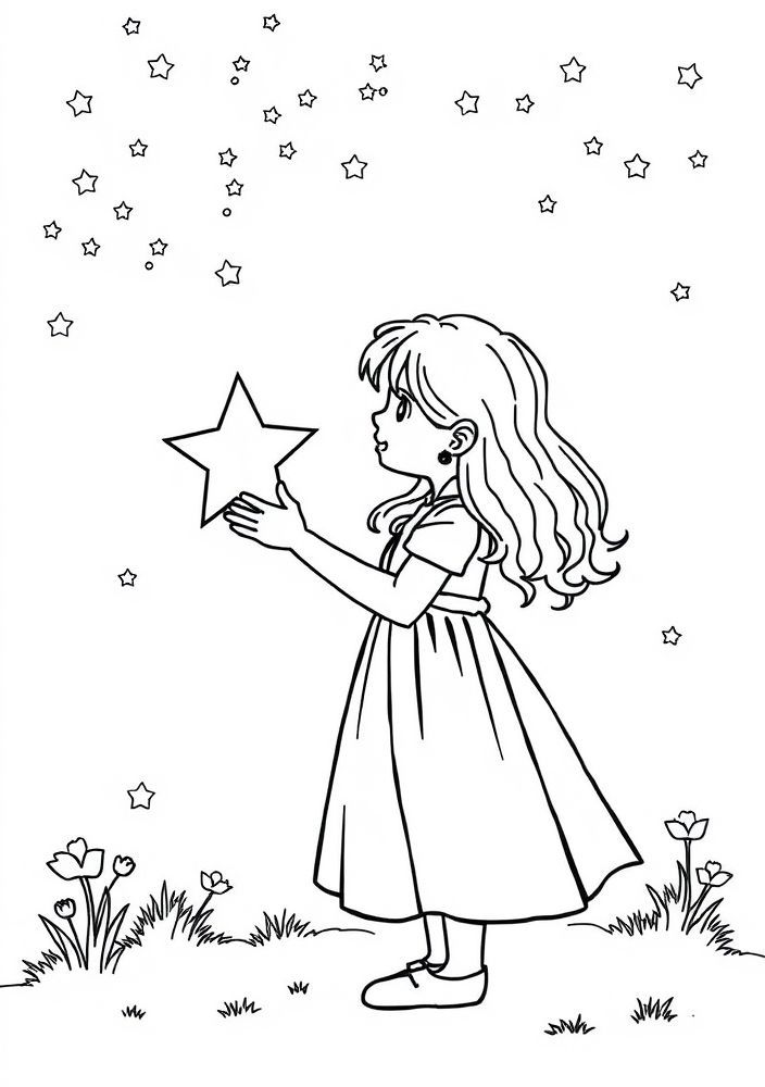Desenho de Menina Com Estrela Para Colorir