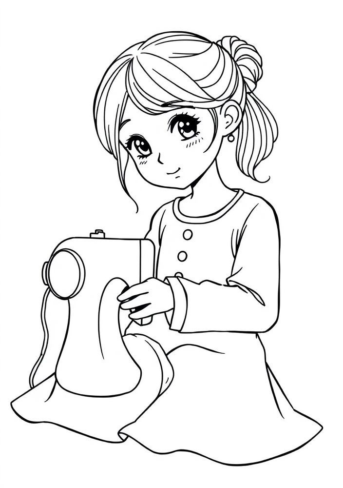 Desenho de Menina Costurando e Criando Roupas para colorir