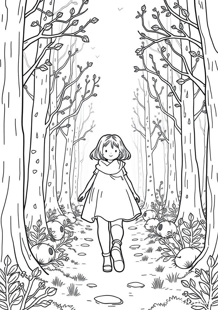 Desenho de Menina Explorando a Floresta para Colorir