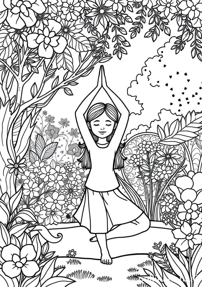 Desenho de Menina Praticando Yoga em um Jardim para colorir