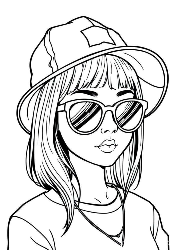 Desenho de Menina com Boné e Óculos para Colorir