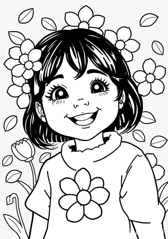 Desenho de Menina com Pétalas de Flores para colorir
