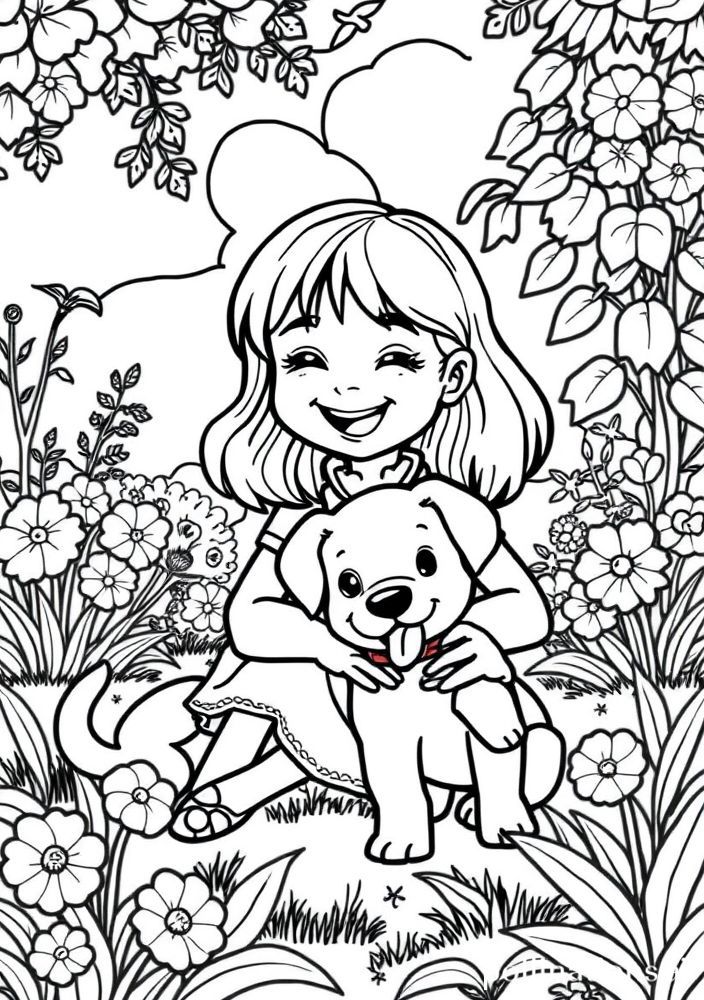 Desenho de Menina e seu Bichinho de Estimação para colorir