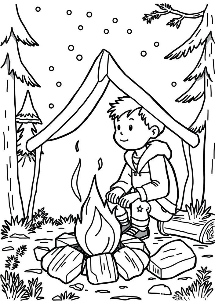 Desenho de Menino acampando com uma fogueira para colorir