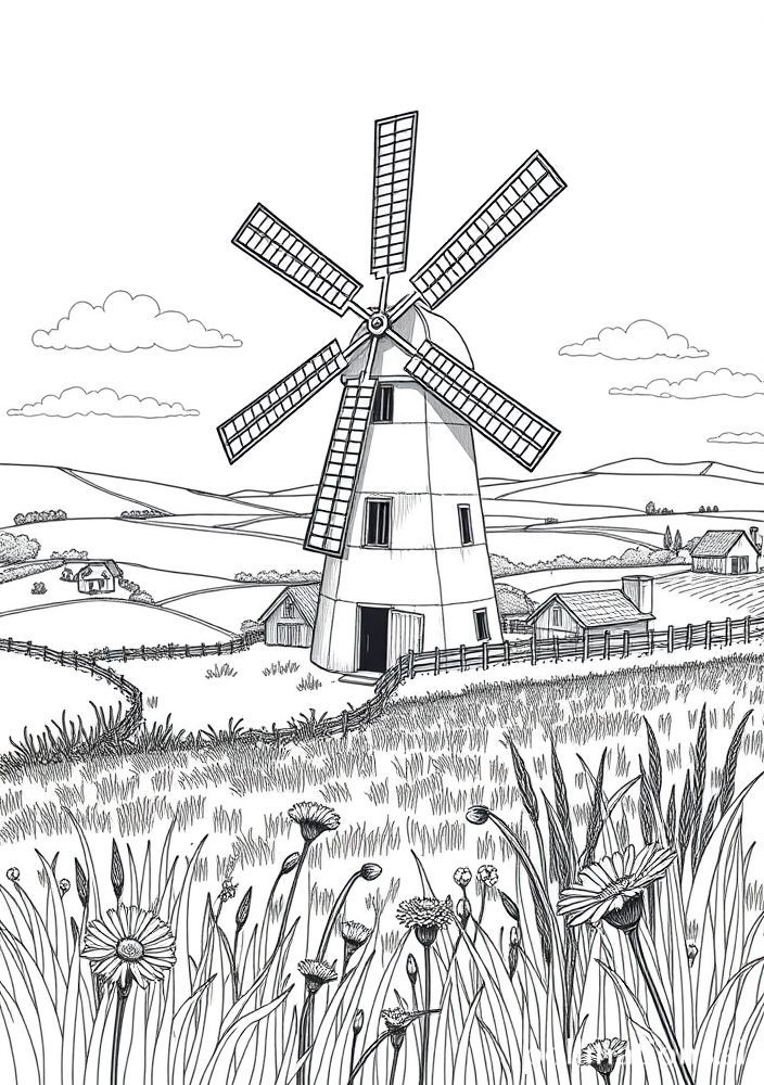 Desenho de Moinho de Vento em Campo para colorir