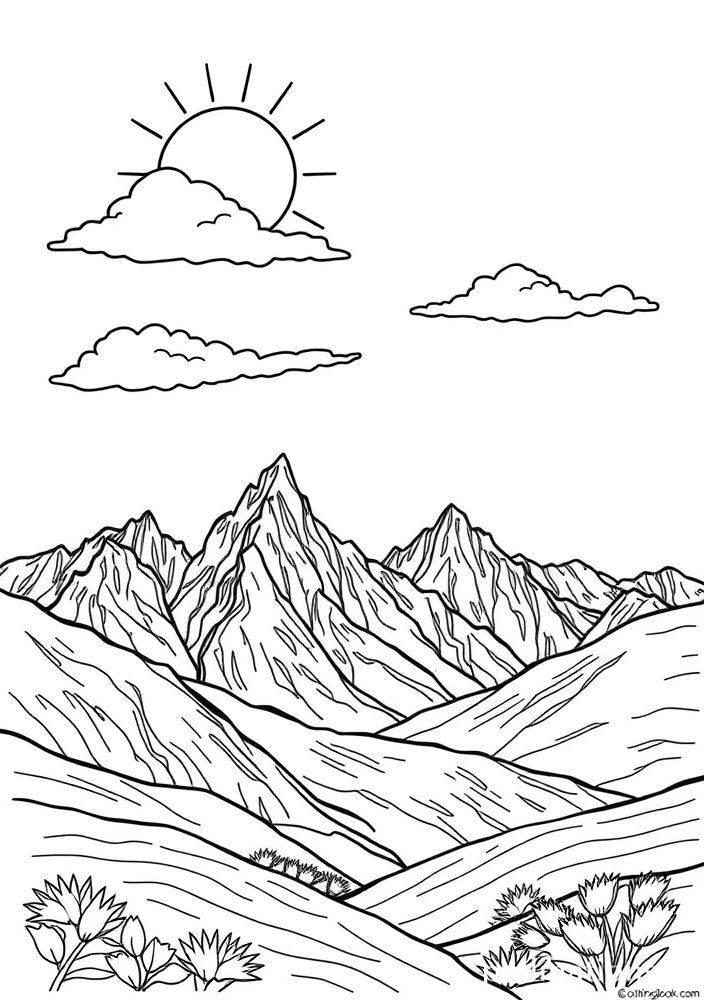 Desenho de Montanha com Sol e Nuvens para Colorir