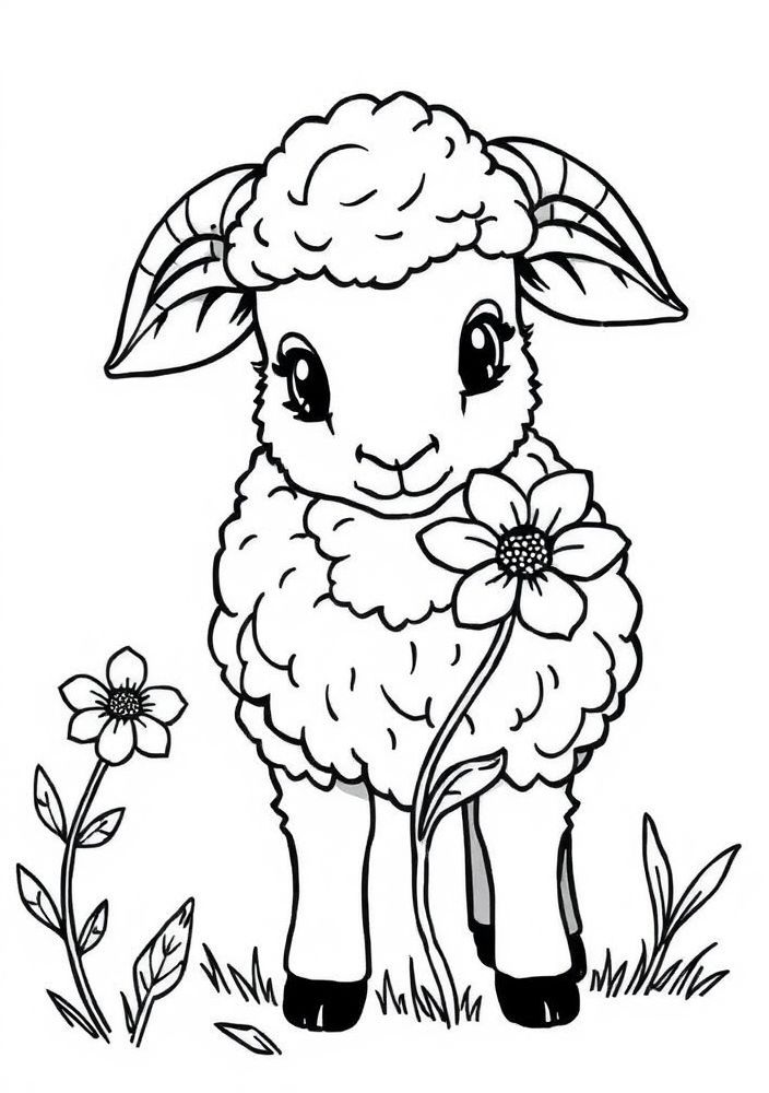 Desenho de Ovelha com Flor para Colorir