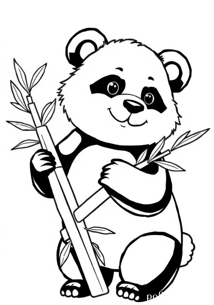 Desenho de Panda Kawaii segurando bambu para colorir