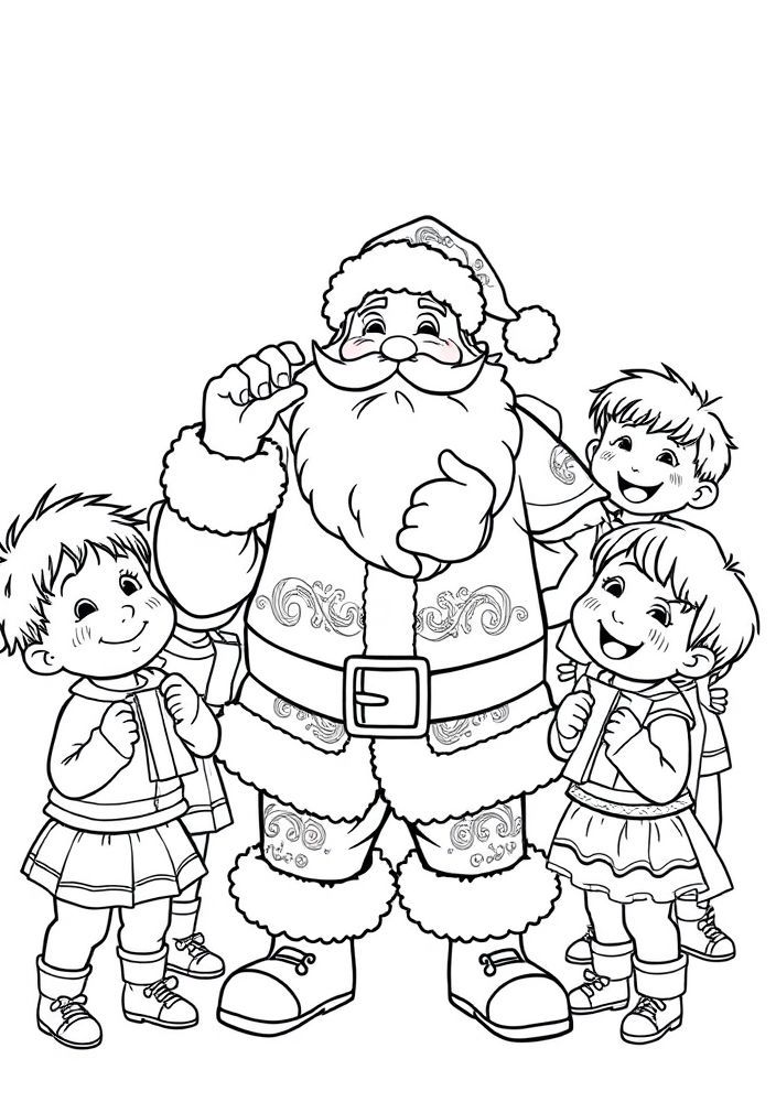 Desenho de Papai Noel e Crianças para Colorir