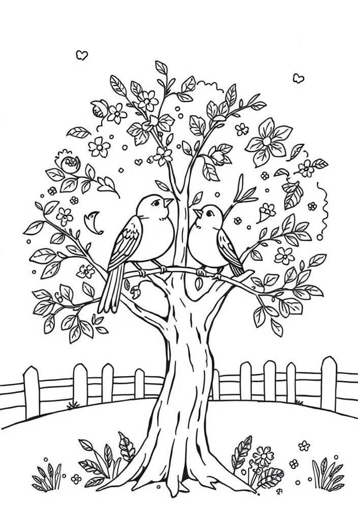 Desenho de Pássaros Cantando na Árvore da Fazenda para Colorir