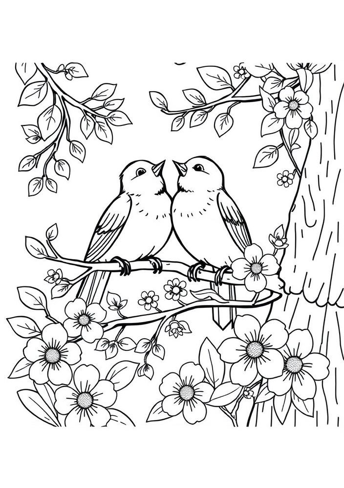 Desenho de Pássaros Cantores em uma Árvore para colorir