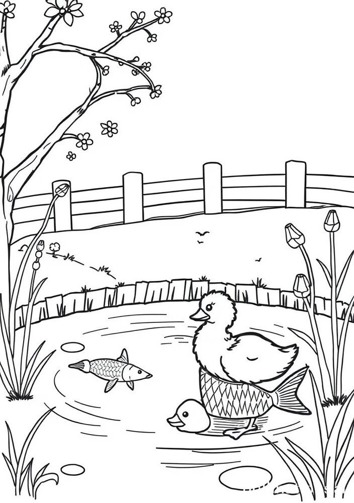 Desenho de Pati e Peixe na Lagoa da Fazenda para Colorir
