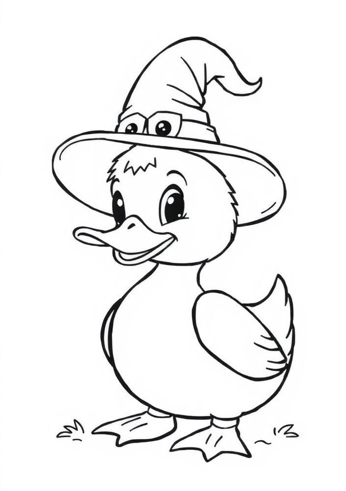 Desenho de Pato de Halloween com chapéu de bruxa para colorir
