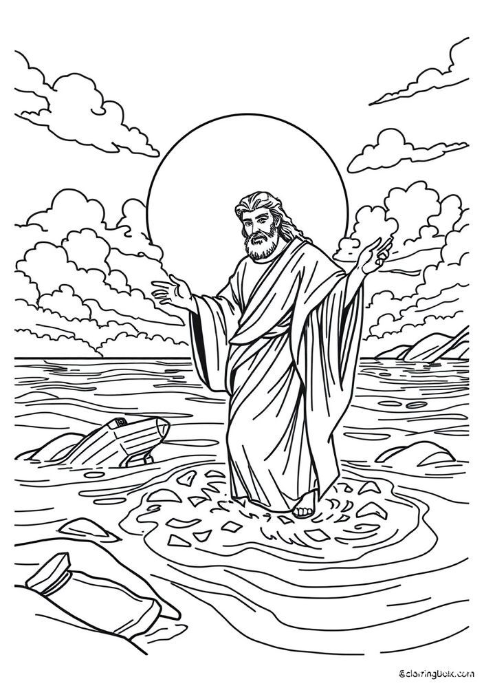 Desenho de Pedro andando sobre as águas para colorir