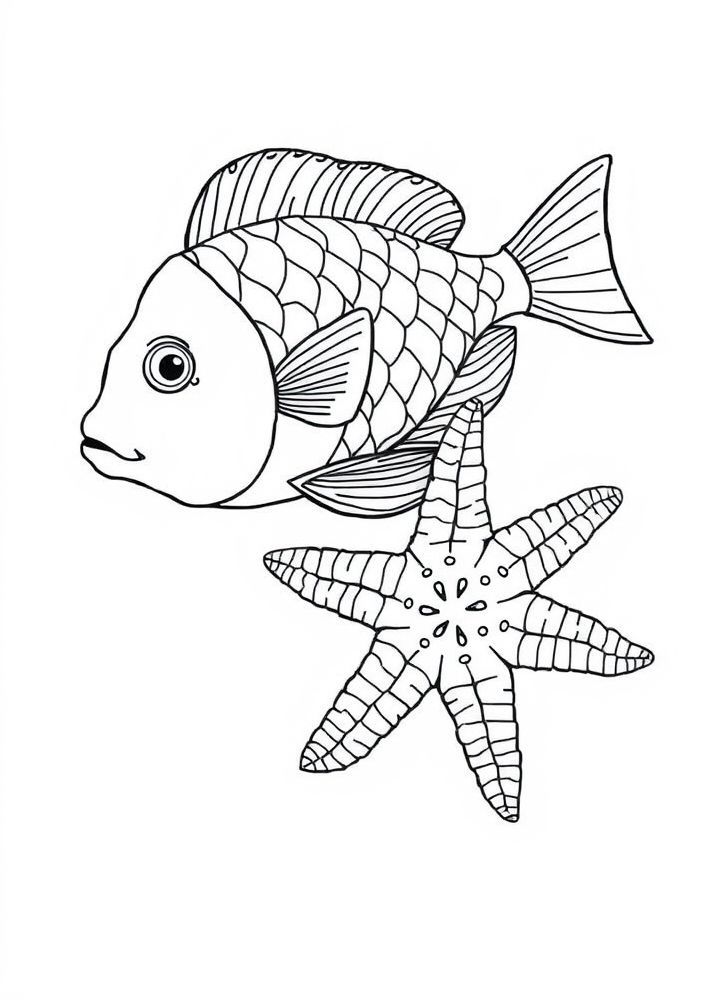 Desenho de Peixe com Estrelas do Mar para colorir