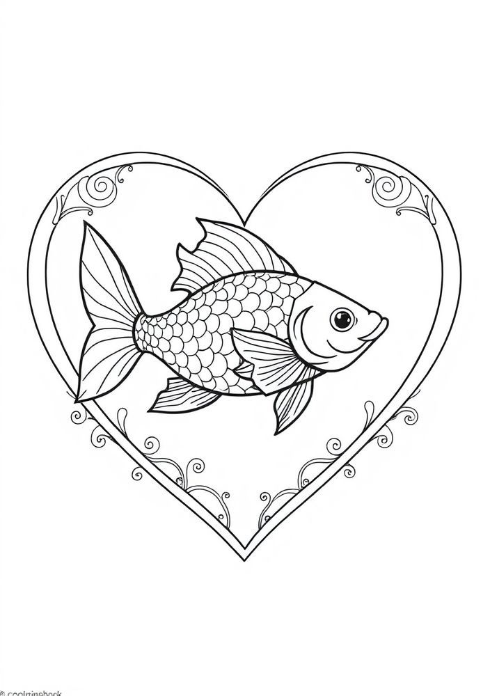 Desenho de Peixe em um Coração para colorir
