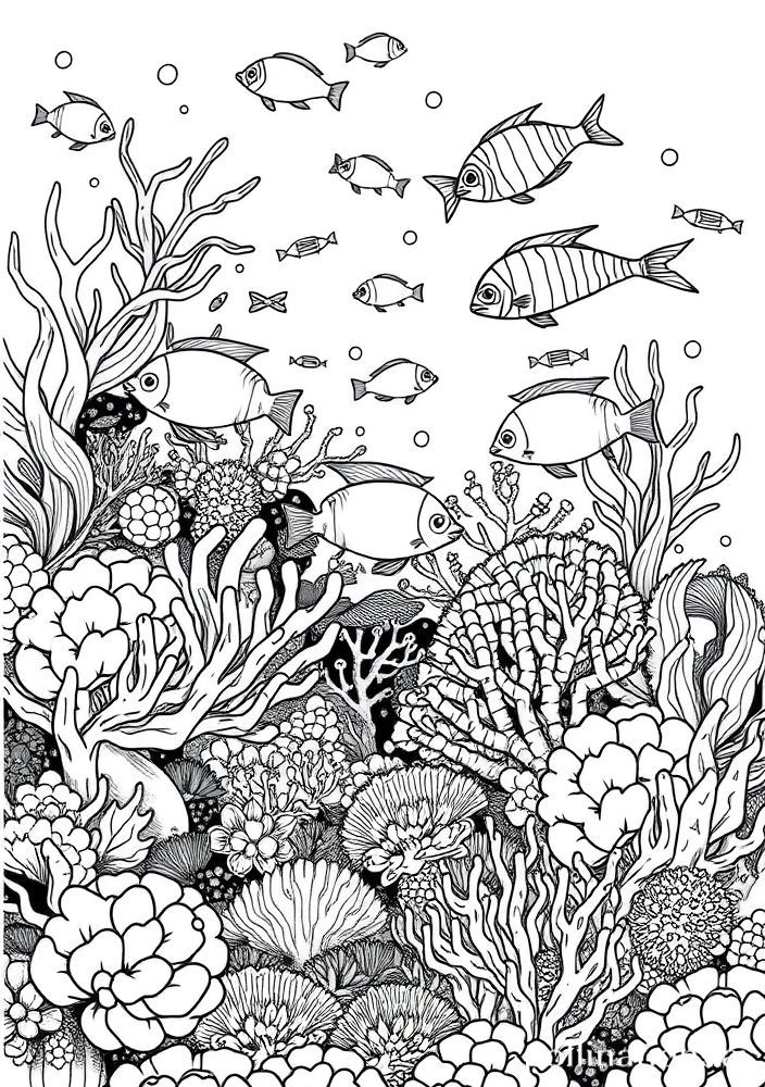 Desenho de Peixe em um Recife de Corais para colorir