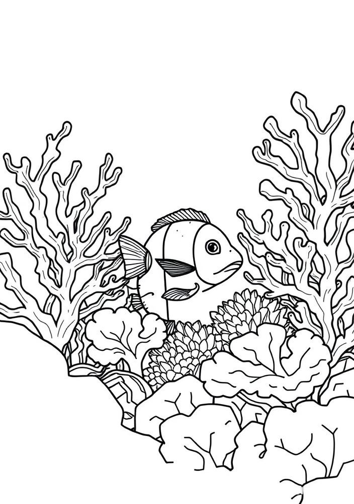 Desenho de Peixe se Escondendo entre Corais para colorir